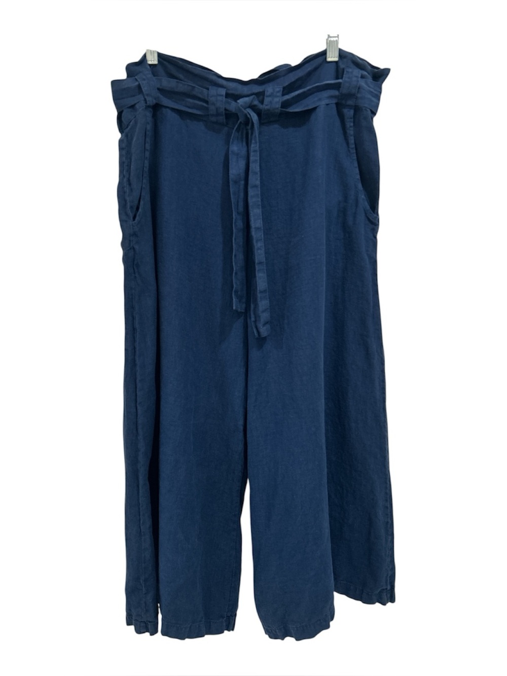 Bryn Walker 100% Linen Lagenlook Wide Leg Paper Bag Waist Pants in Navy - M